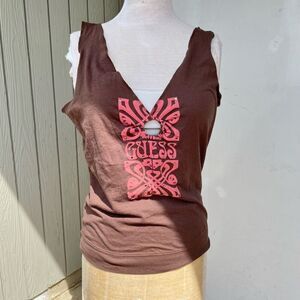 Guess Y2K Vintage Cotton Tee Tank Art Deco Graphic Rhinestone Embellished - LG